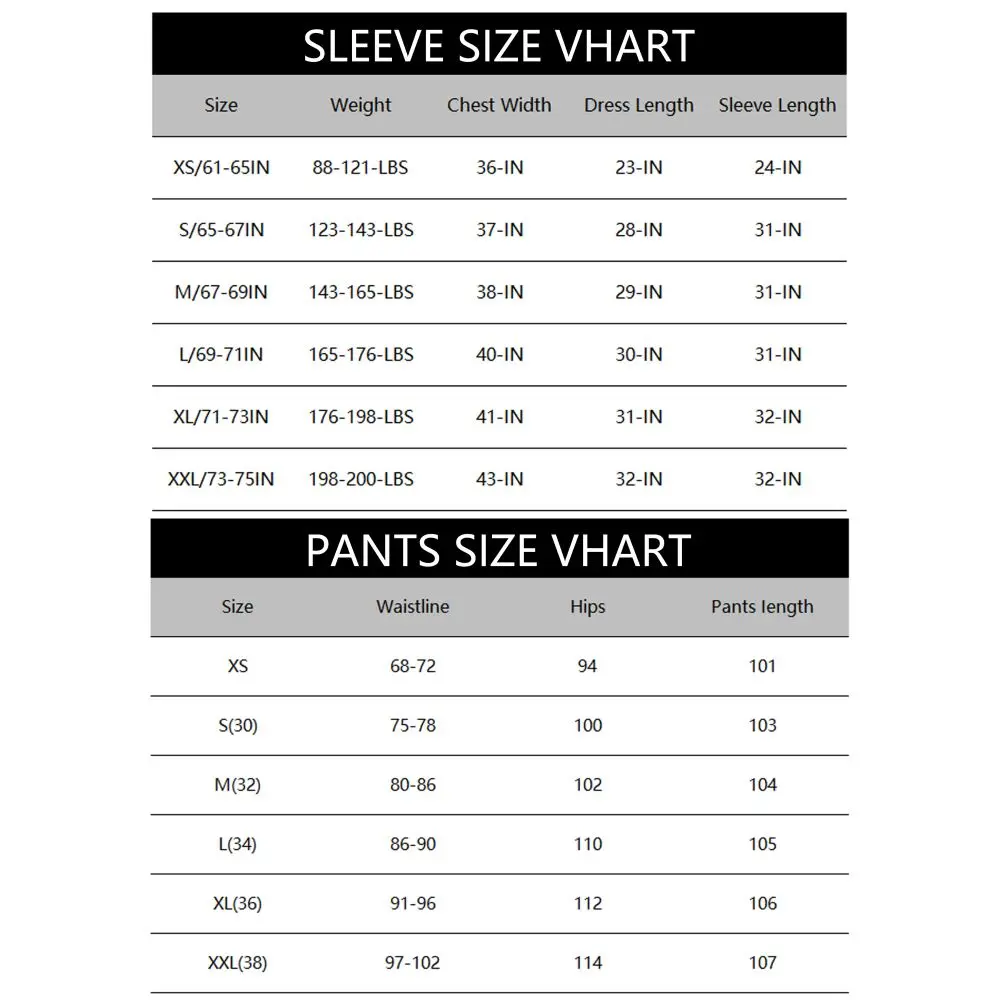 Un gráfico que muestra el tamaño de las mangas y los pantalones