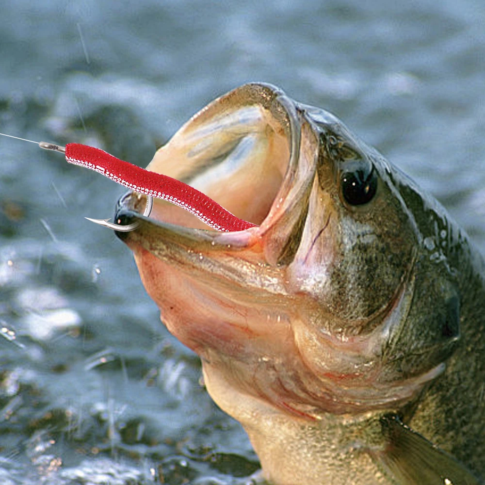 100 uds/botella cebo suave de gusano señuelo Artificial 4 secciones señuelo de gusano rojo olor a pescado aparejos realistas cebo de pesca de carpa lubina - imagen 3