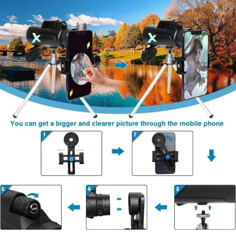 Telescopio portátil con Zoom HD de 12x50, potente telescopio plegable de larga distancia para Deportes de caza, viajes de acampada al aire libre - imagen 5