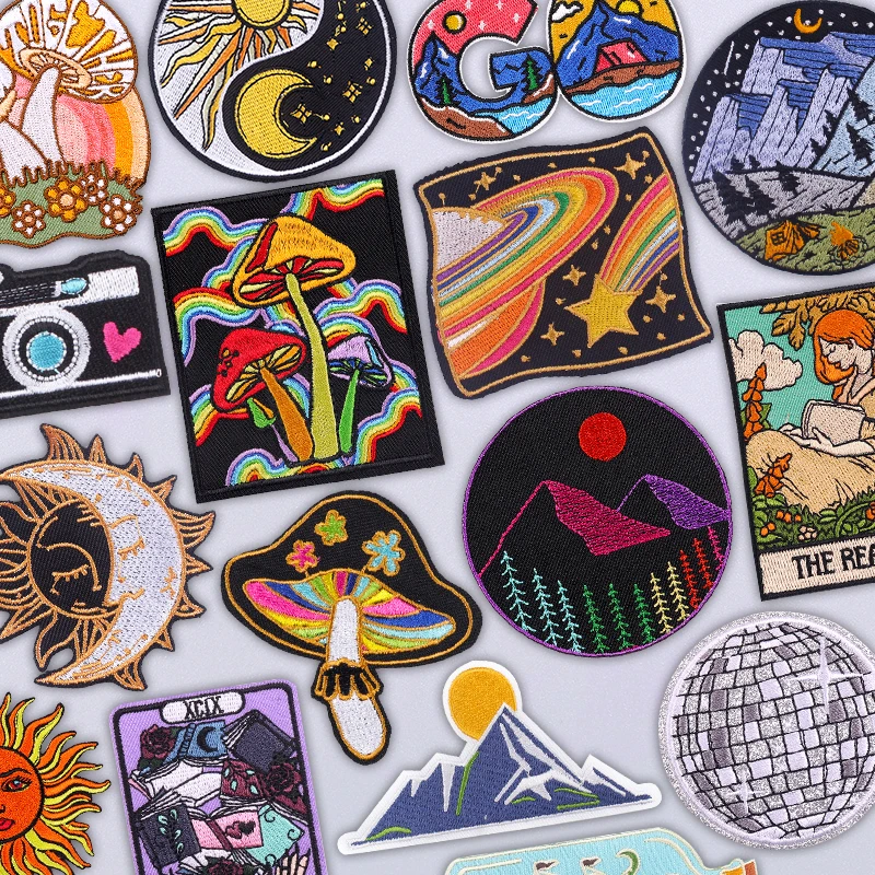 Parches para planchar con forma de seta, parche táctico con bordado de sol y luna, parches para planchar, planetas al aire libre, parches para planchar para ropa DIY - imagen 2