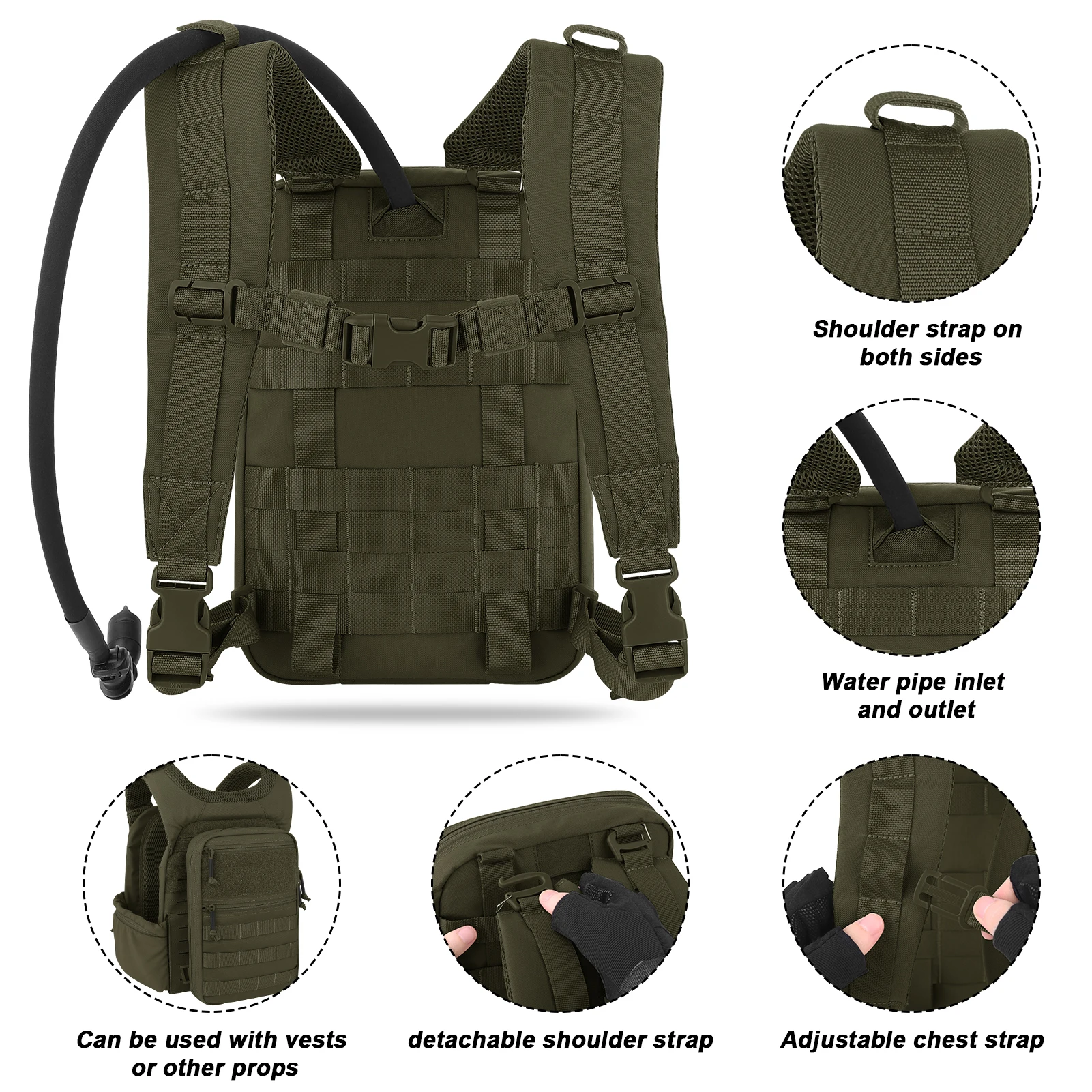 KRYDEX-Paquete MOLLE portador de hidratación táctico de 50 oz, bolsa para vejiga de agua de 1,5 l, mochila de caza, accesorios para chaleco al aire libre - imagen 3