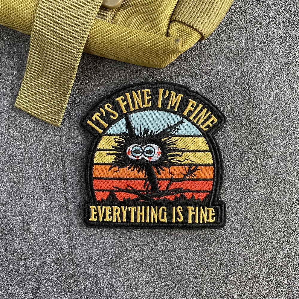 Esto está bien, todo está bien, parches de gato frito en ropa, PEW, parche bordado de gato negro, insignia de moral táctica, gancho y bucle - imagen 3