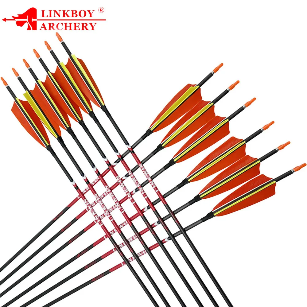 Rectitud +/-0.001 Flecha de carbono puro columna vertebral 600 30/32 pulgadas ID 4,2mm 3 pulgadas pluma de pavo arco entrenamiento de tiro 12 Uds