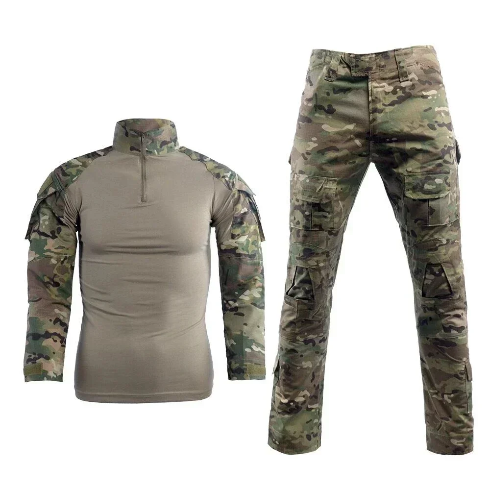 Conjunto de uniforme de camuflaje, traje militar con camisa y pantalones de carga a juego, ideal para paintball airsoft combate táctico o tiro, ropa con coderas y rodilleras para exterior - imagen 3