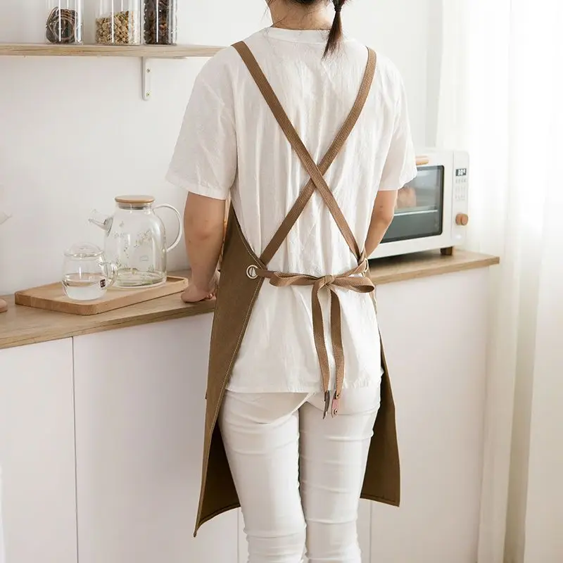 Babero de lona de cuero para hombres y mujeres, delantal de cocina para Chef, Barista, barman, delantal con bolsillos, hogar, barbería, café, restaurante, jardín, Pinafore - imagen 5