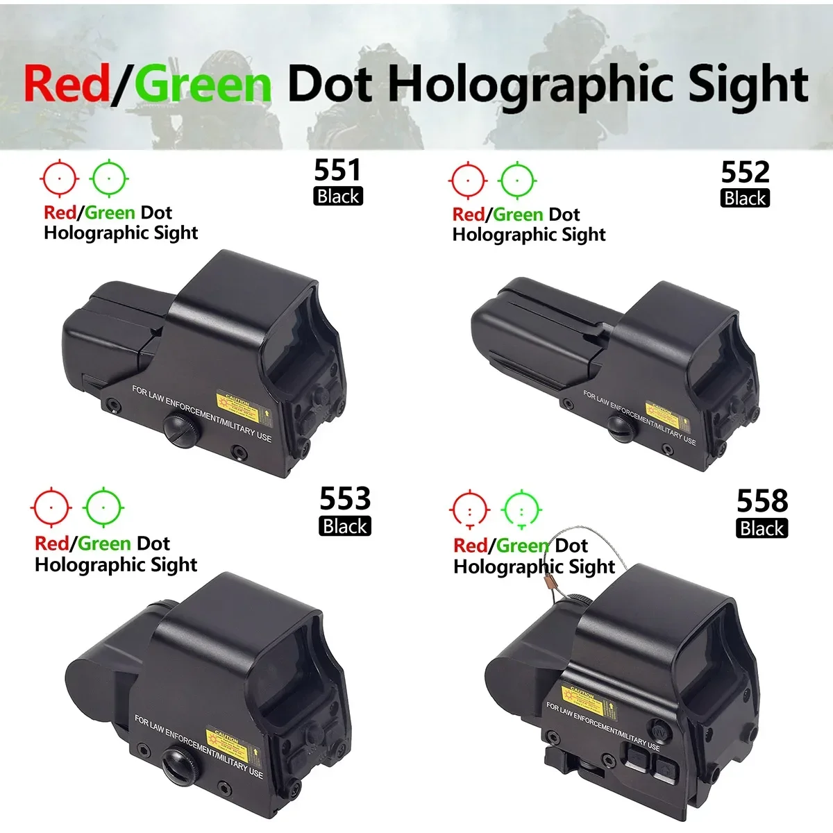 Mira telescópica holográfica, mira de punto rojo y verde, 551, 552, 553, 558, óptica reflejo, Rifle de pistola Airsoft, montaje en riel de 20mm AR15