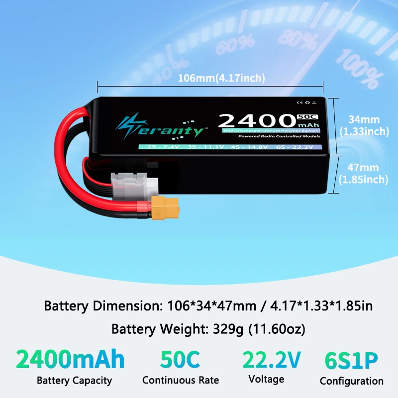 Teranty 6S 2400mAh Lipo Batería 22.2V 50C/100C con T XT60 Plug Softtcase para FPV Drone RC Helicóptero Avión RC Batería - imagen 3
