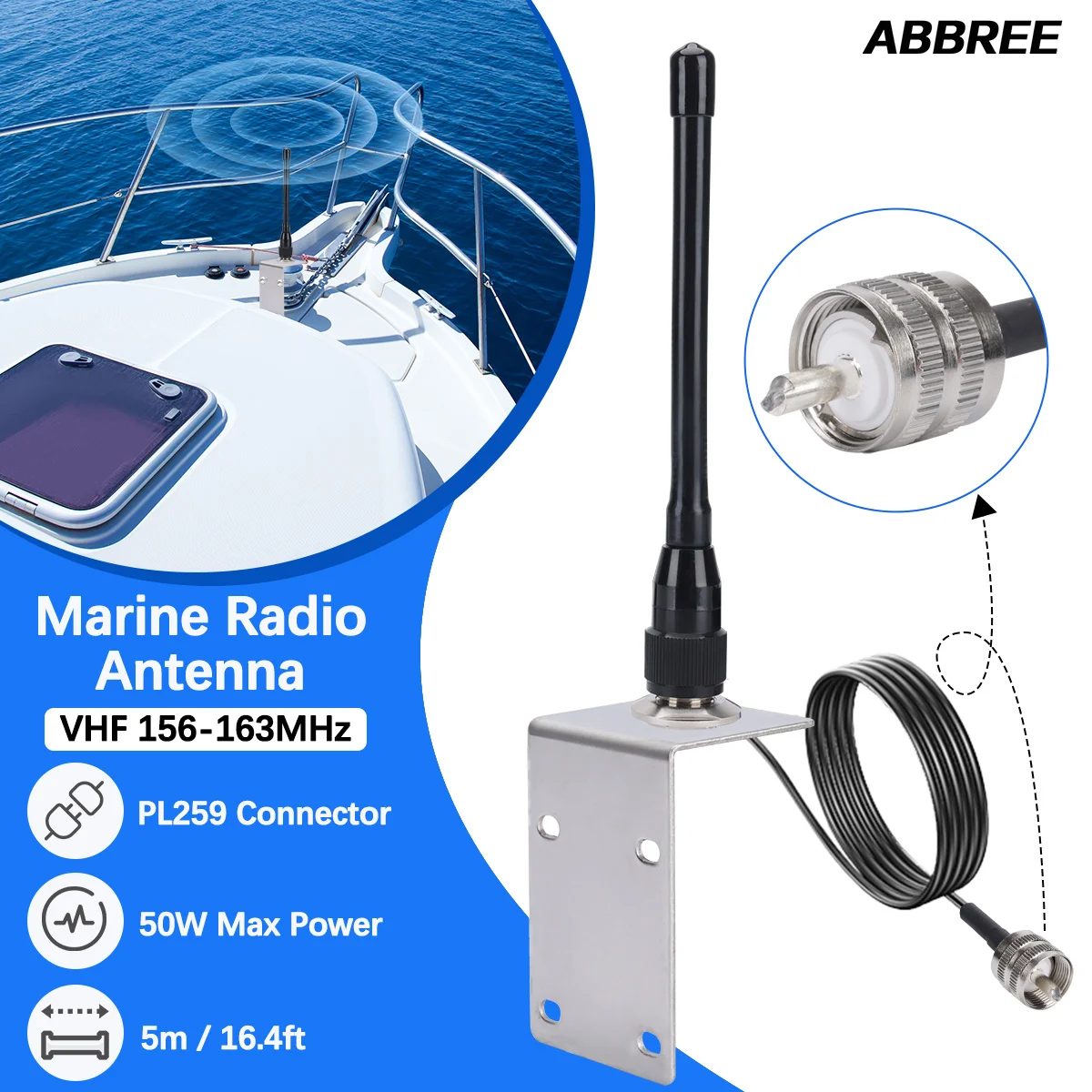 ABBREE X107M Antena de Radio Marina VHF PL-259 Conector 50W Potencia Máxima Alta ganancia con RG-58U Cable de baja pérdida para barco a enviar