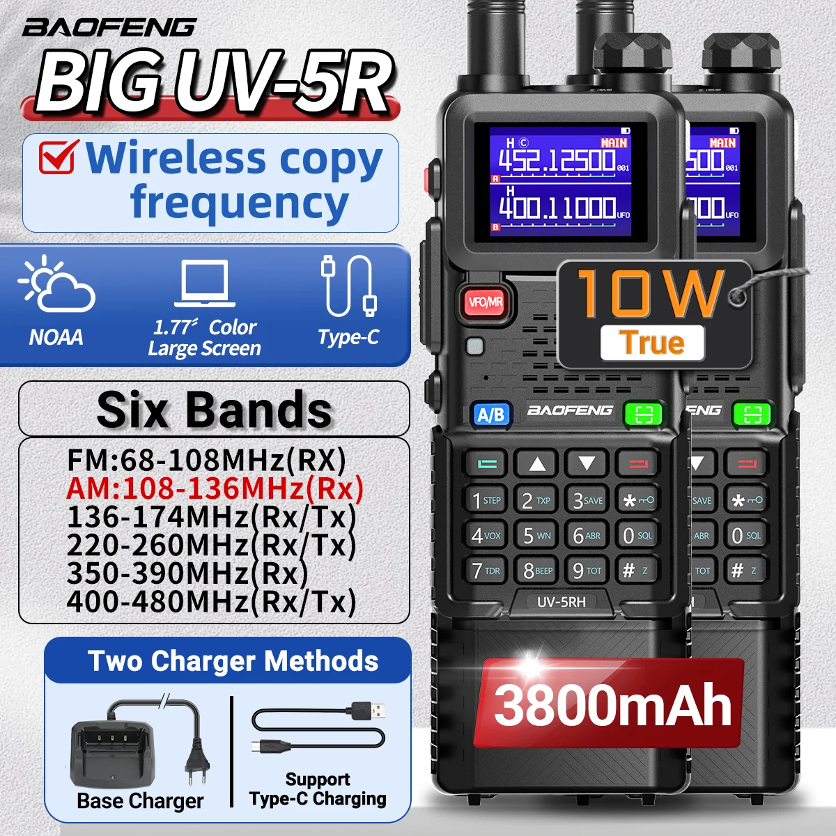 2 uds Baofeng UV-5RH 10W banda aérea Walkie Talkie multibanda frecuencia de copia inalámbrica 999CH NOAA Radioaficionado de largo alcance UV-5R mejorada