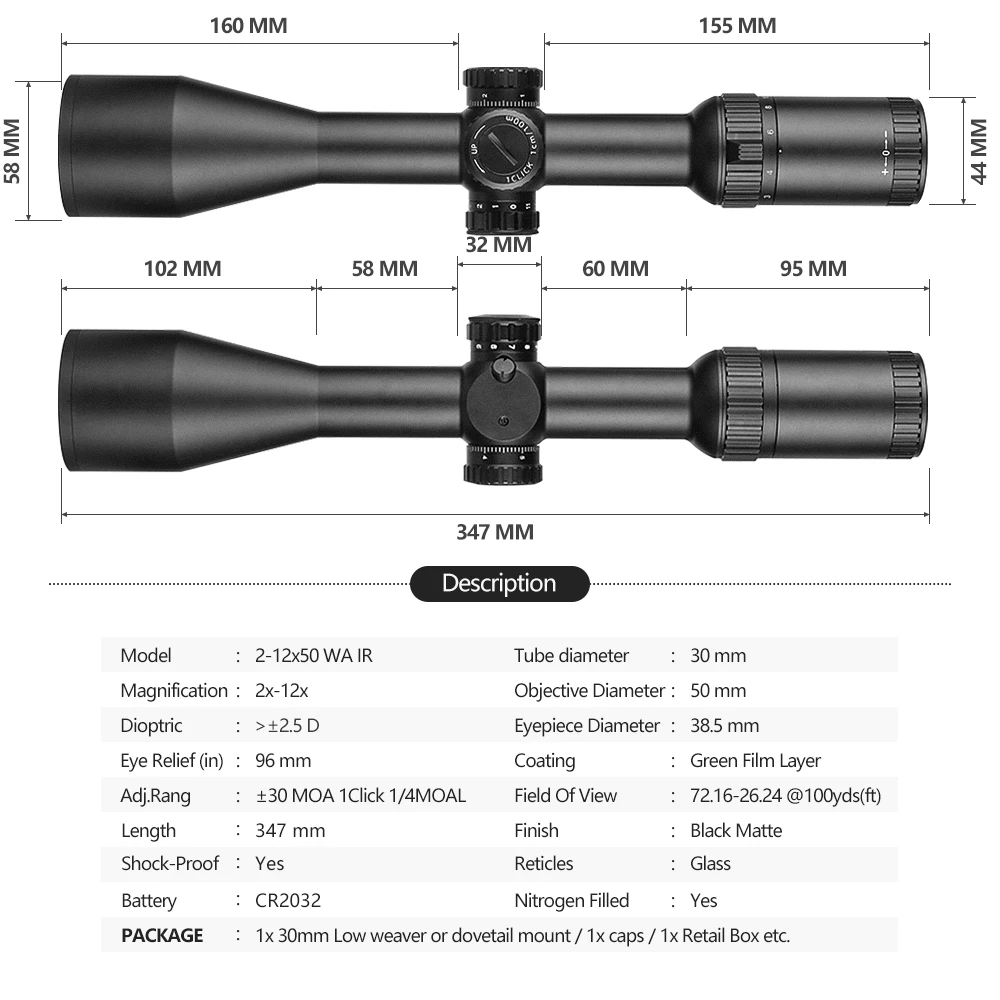 Mira telescópica táctica SPINA Optics HD 2-12x50 WA IR para Rifle de caza, mira óptica para Rifle Real - imagen 4