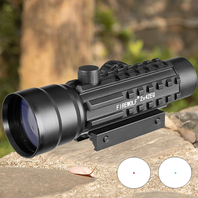 Mira de punto rojo 2x42 con riel, mira de punto rojo, iluminada en rojo y verde para rieles de 11mm y 20mm, buena calidad - imagen 2