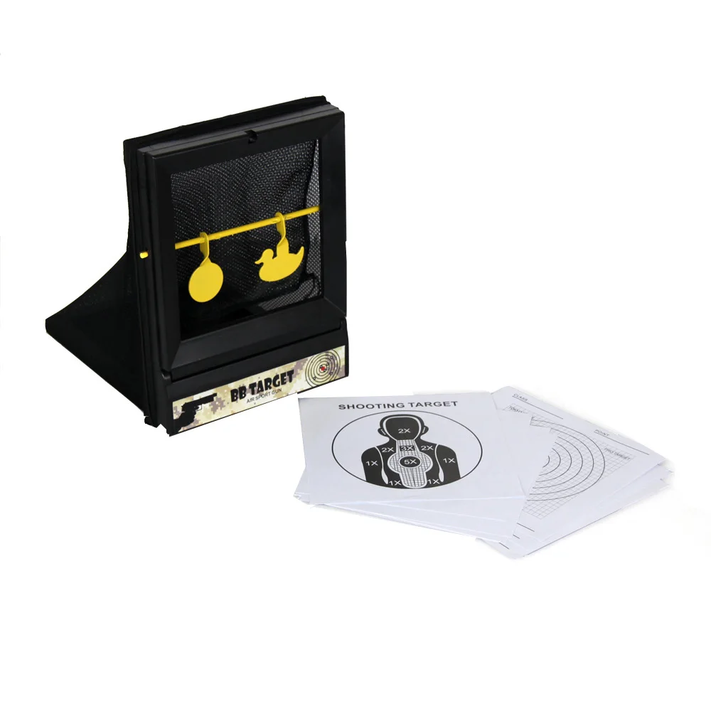 Caja de objetivo de tiro multifuncional con objetivo de Metal amarillo, red receptora de munición para bola de Gel, BBs y dardos blandos Airsoft AQB211