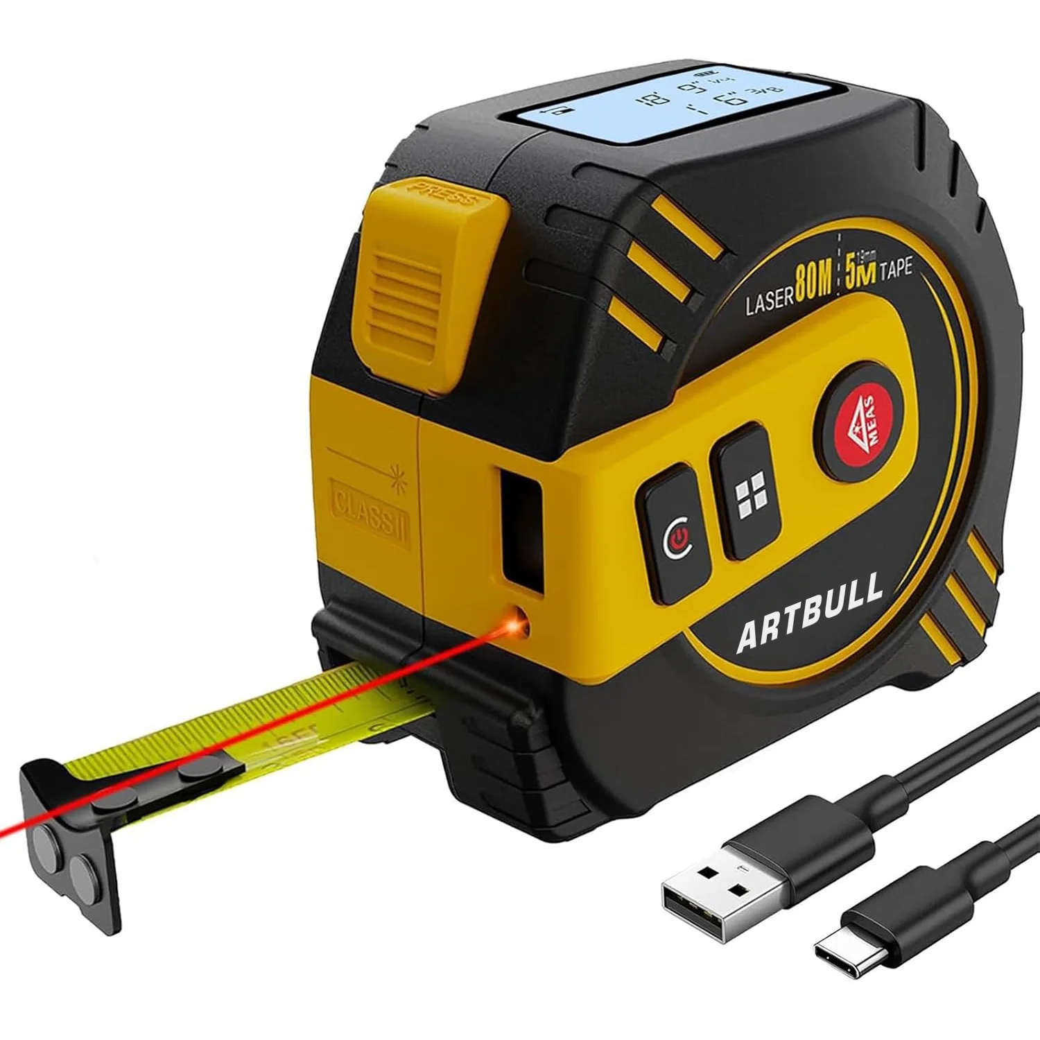 Medidor Láser 2 en 1 Multifunción Recargable de 80m/40m con Cinta Métrica de 5m, Pantalla LCD con Retroiluminación