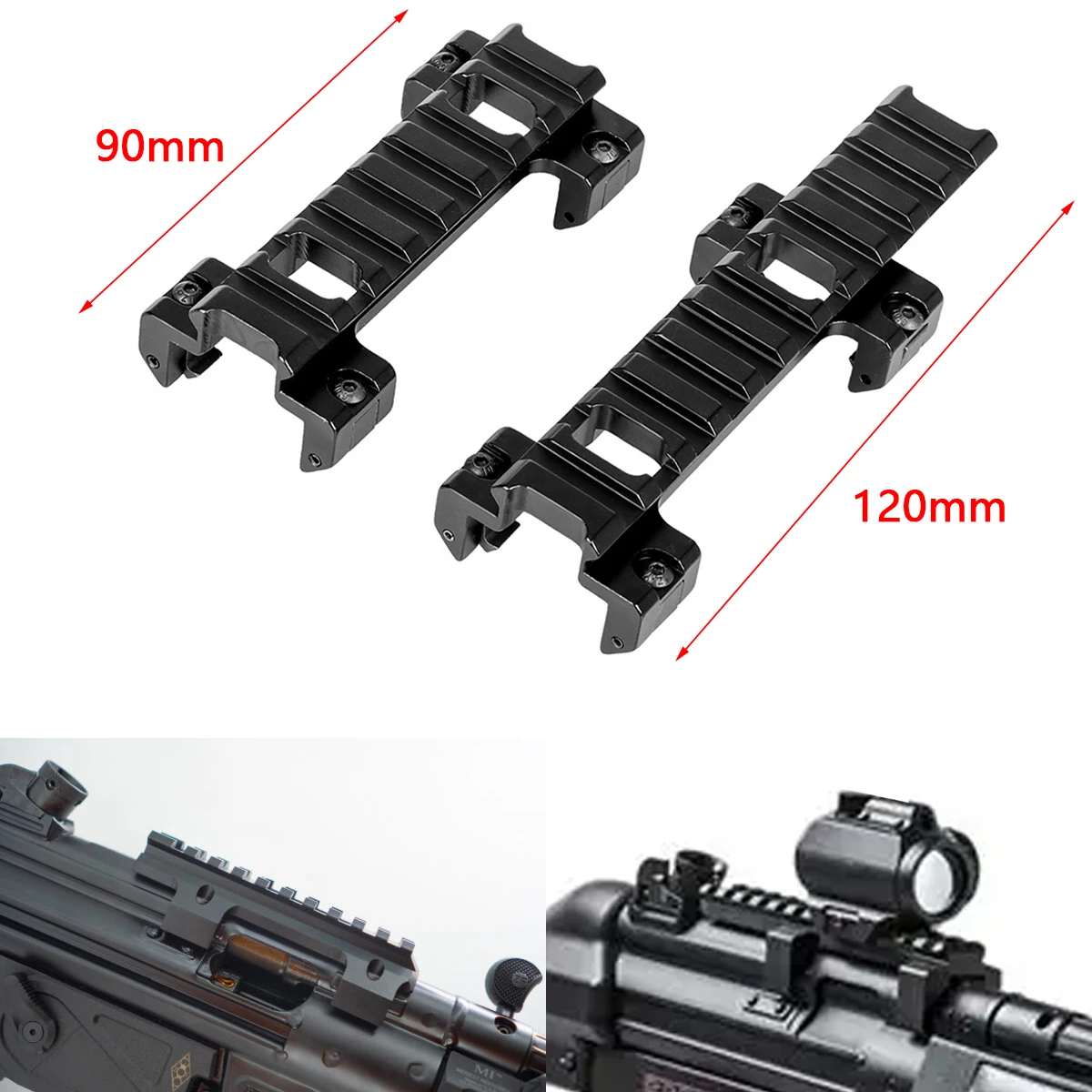 Soporte de extensión de riel táctico HK MP5/MP5K, Base de montaje de riel MP5 de aluminio CNC, adaptador de riel de cola de milano de alcance Picatinny de 90/120mm
