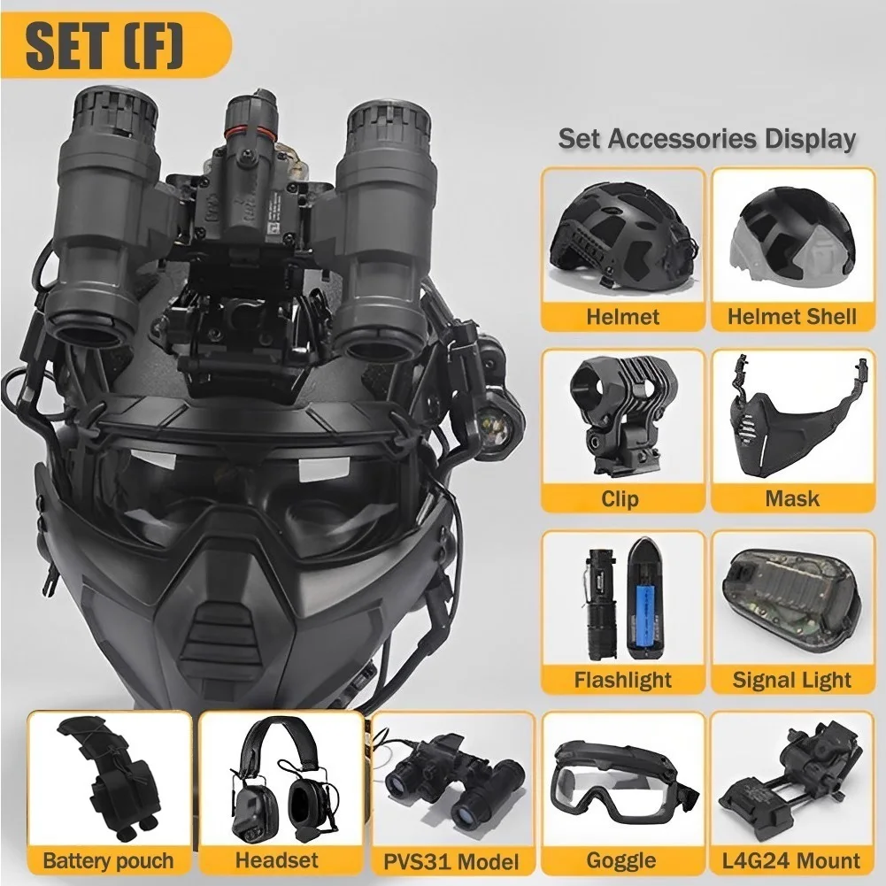 Juego de casco táctico con placa protectora, linterna, gafas, máscara, auriculares, luz de señal de montaje L4G24, bolsas de batería modelo PVS31 NVG