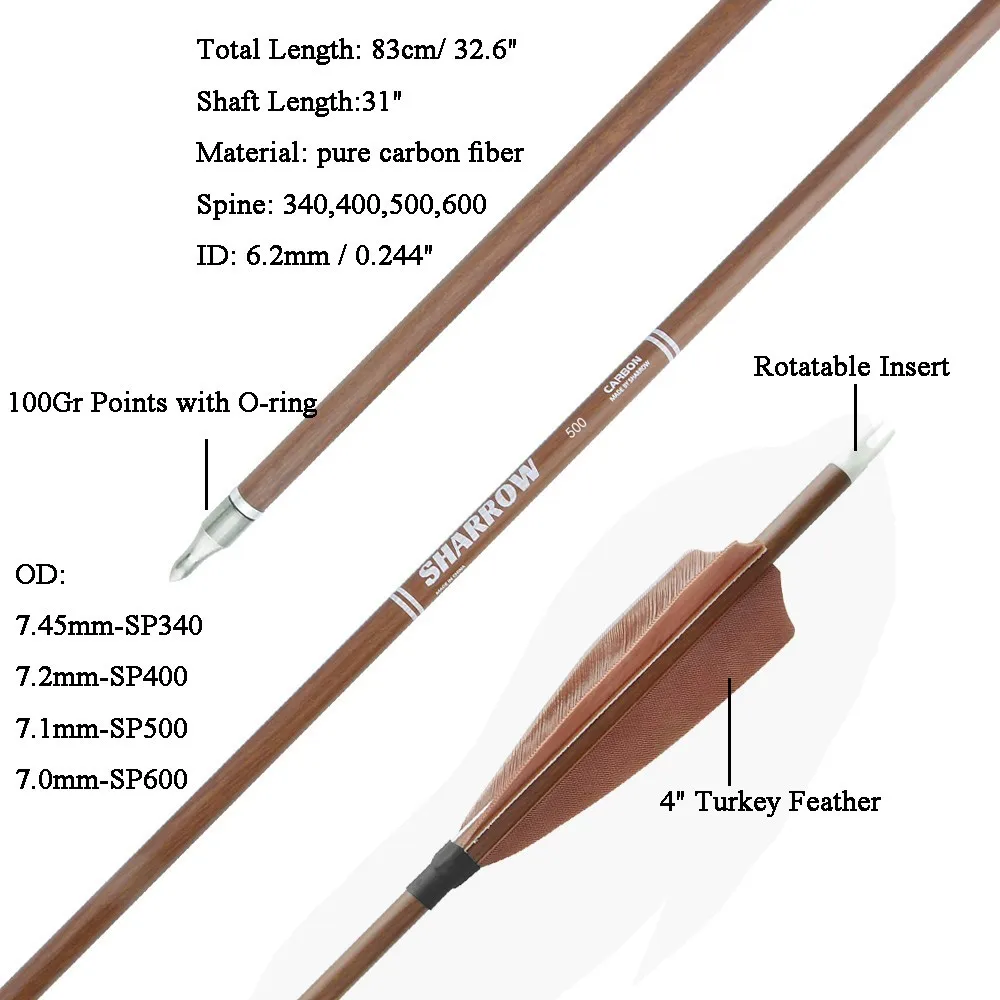 Flecha de carbono puro de 32,6 ", ID6.2mm, eje de carbono puro SP340 400 500 600, arco de plumas de pavo, caza, tiro con arco, objetivo 6/12/24 unidades - imagen 3