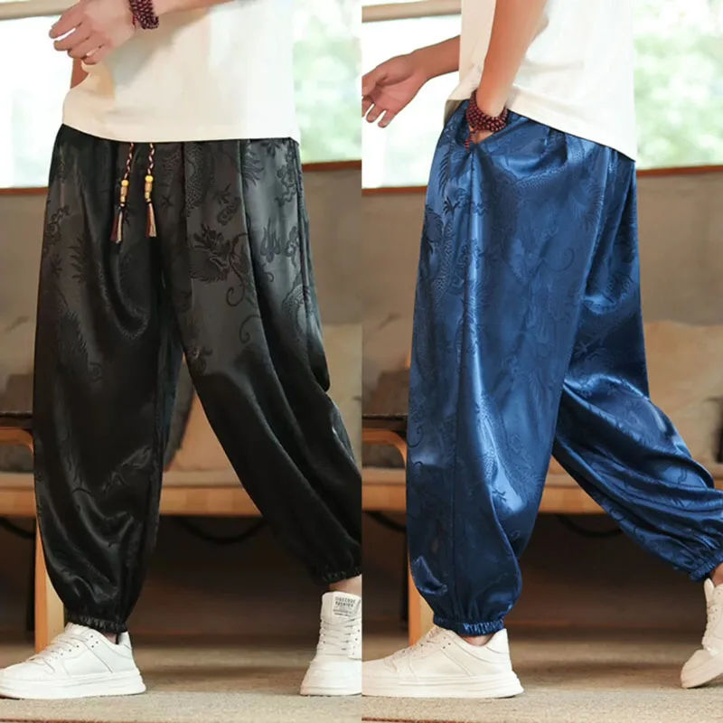 Pantalones de verano para hombre, pantalones informales Harajuku, pantalones de pierna ancha de estilo japonés, ropa de calle fina holgada de seda helada, pantalones de chándal holgados para correr - imagen 4