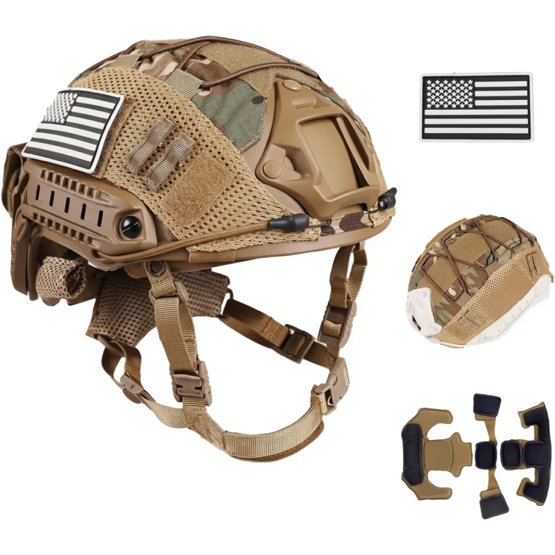 Casco Protector Táctico FAST Casco Táctico Ajustable con Bolsa para Batería y Cubierta para Airsoft, Cosplay, Equipo Militar