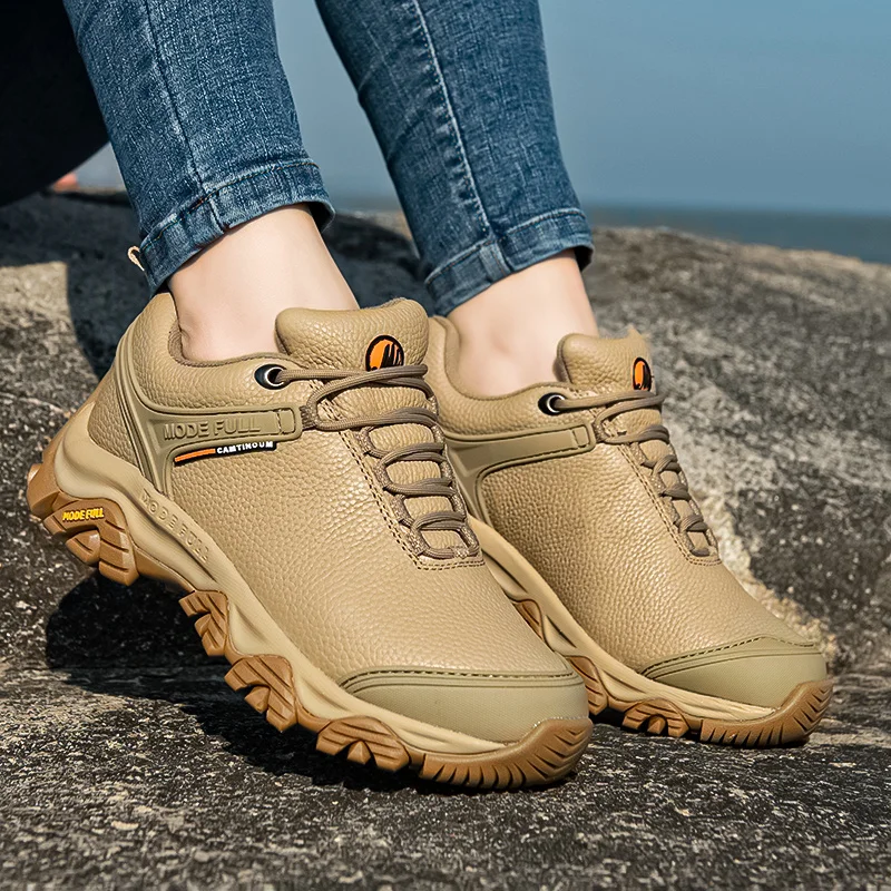 Zapatos de senderismo de cuero de vaca para hombre, botas de trekking informales antideslizantes impermeables para montaña, zapatillas ligeras para parejas, para invierno - imagen 4