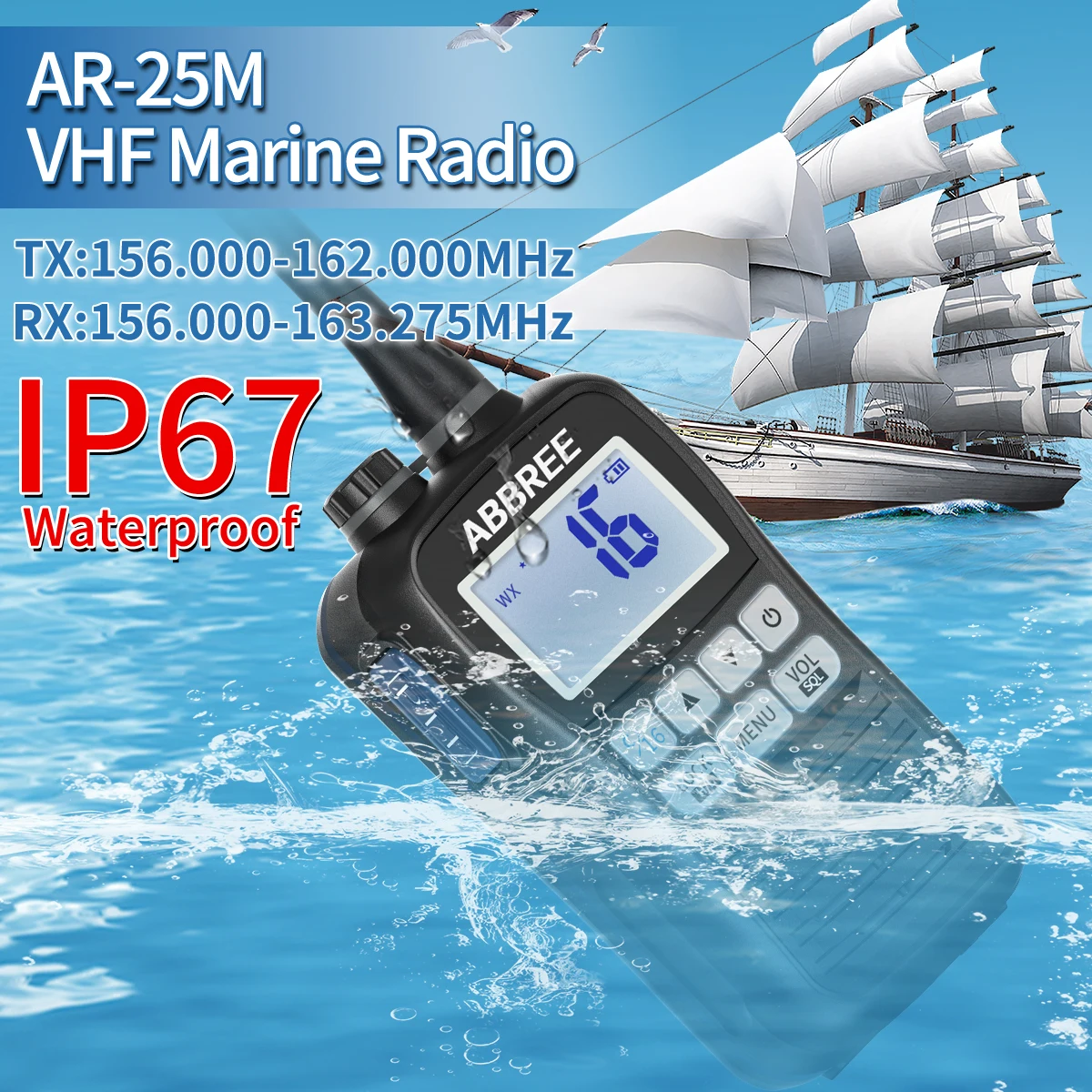 ABBREE-transceptor de Radio Marina AR-25M, walkie-talkie IP67, resistente al agua, VHF, buque flotante de mano, Radio bidireccional NOAA para barco - imagen 2