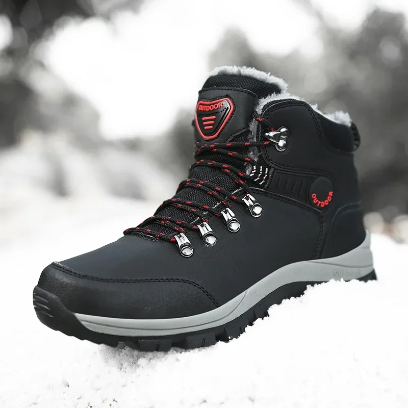Botas de invierno para hombre con piel cálida nieve antideslizante zapatos informales de trabajo para hombre zapatillas de deporte de cuero impermeables botines altos de talla grande 46 - imagen 2
