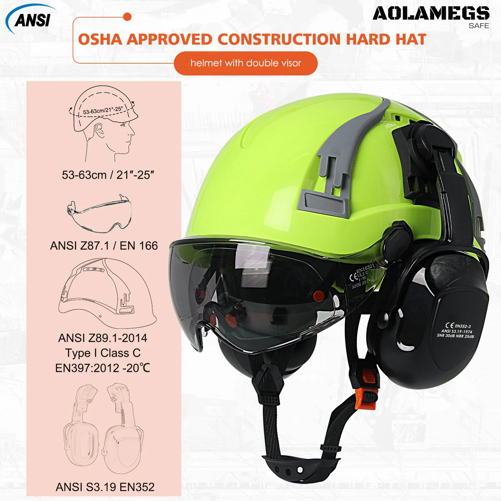 Gorro de seguridad CE con visera con ranura de ventilación ajustable, gafas integradas, orejeras, casco de seguridad ABS, sombrero de trabajo para ingeniero de construcción ANSI, nuevo - imagen 2