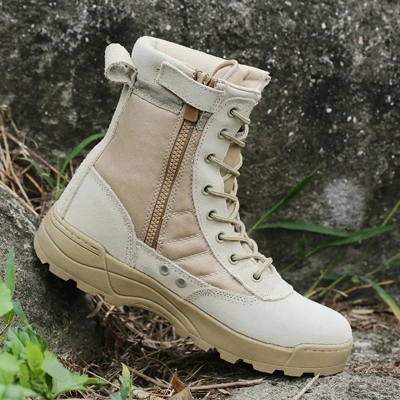 Botas tácticas para hombre, zapatos de trabajo informales de malla de cuero transpirable, botas de combate al tobillo SWAT para hombre - imagen 2