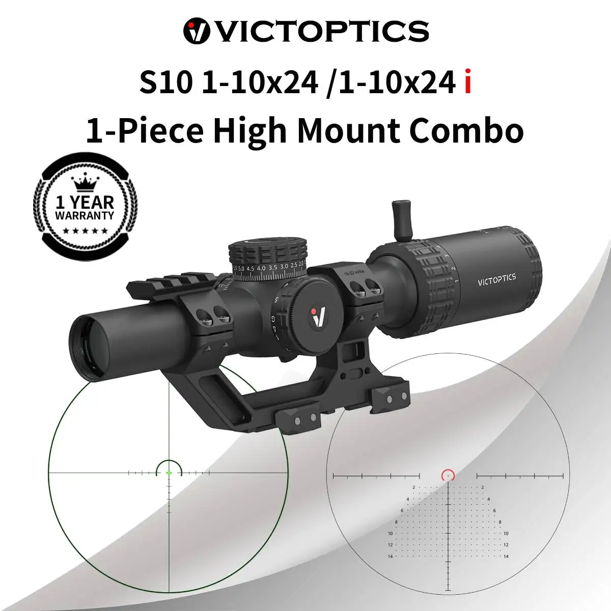 Victoptics S10 1-10×24 SFP Kit de Mira con Montura Picatinny Alta de 1.93", Retícula de Fibra, Iluminación R&G, Lentes Totalmente Multirrecubiertas