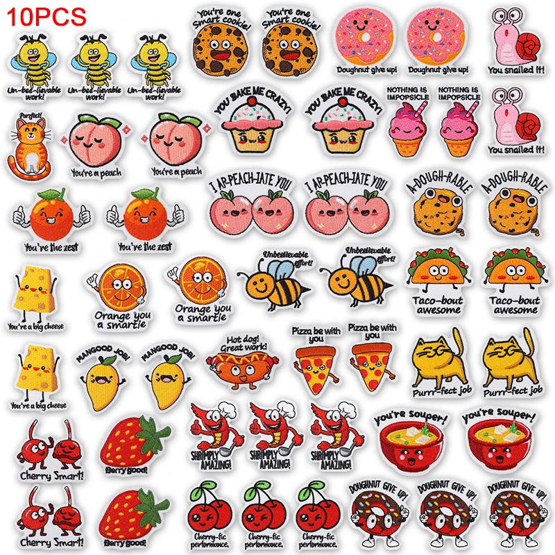 Parches termoadhesivos bordados frutas, postres y gatos para ropa