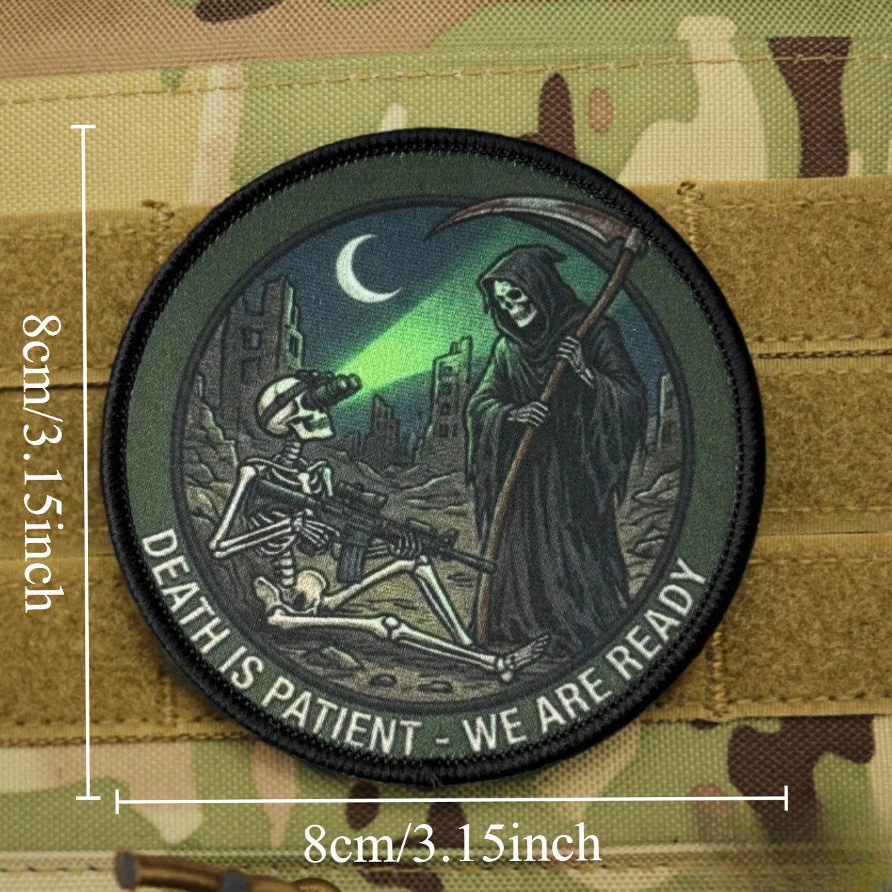 Parche táctico de moral de soldados de la muerte y el esqueleto "Death Is Patient We Are Ready", brazalete con gancho y bucle impreso, pegatina para mochila - imagen 3