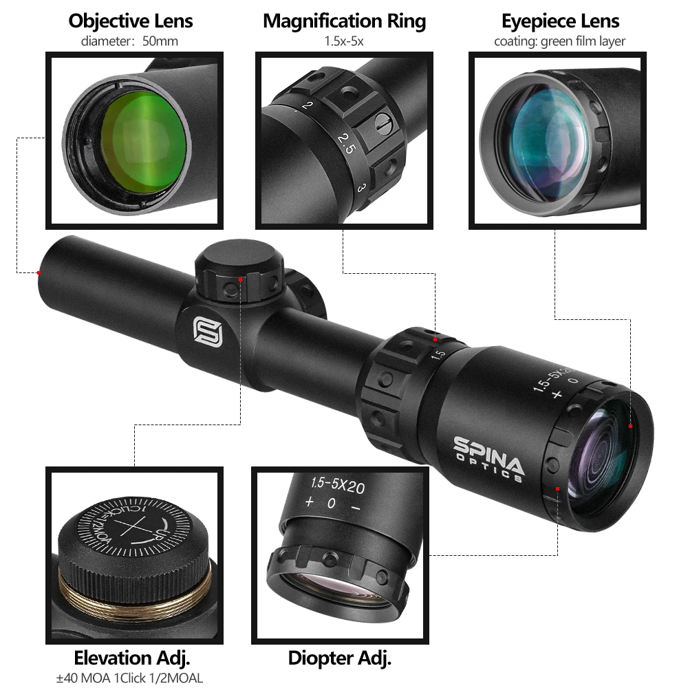 SPINA Optics-mira telescópica para Rifle de caza, mira óptica compacta para tiro al aire libre, con ajuste corto, BT 1,5-5X20 - imagen 5