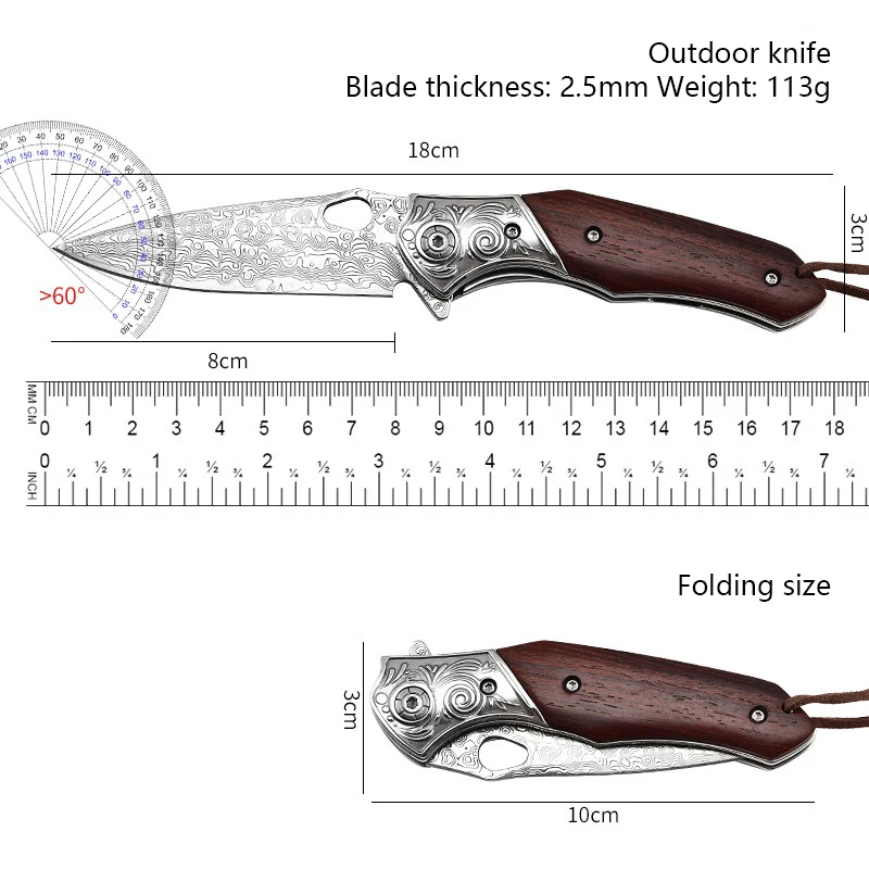 Cuchillo plegable de Damasco VG10, mini cuchillo plegable de acero para exteriores, cuchillo de autodefensa para acampar, cuchillo portátil para frutas - imagen 4