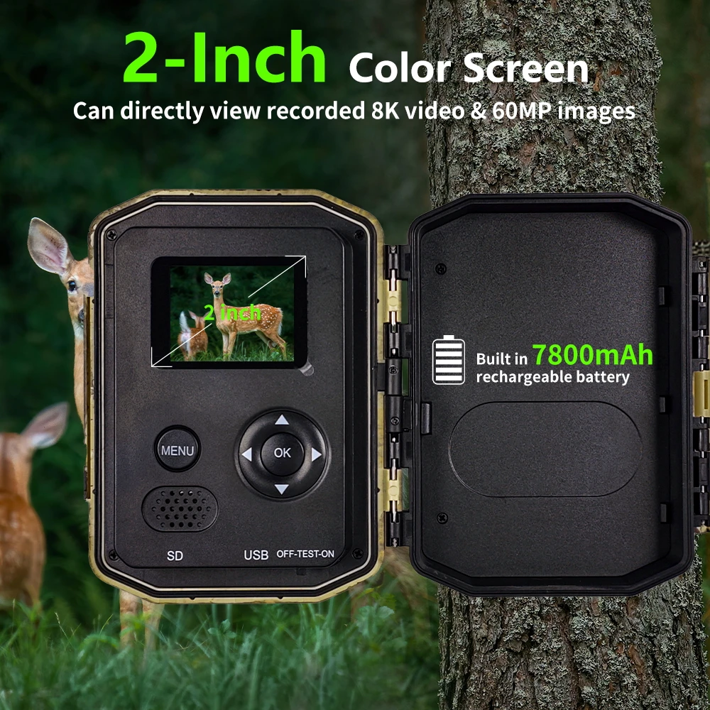 Cámara de rastreo Wifi IP66 para exteriores, 8K, 60MP, visión nocturna de vida silvestre, cámara con Panel Solar de movimiento PIR con batería de 7800Mah para caza - imagen 3