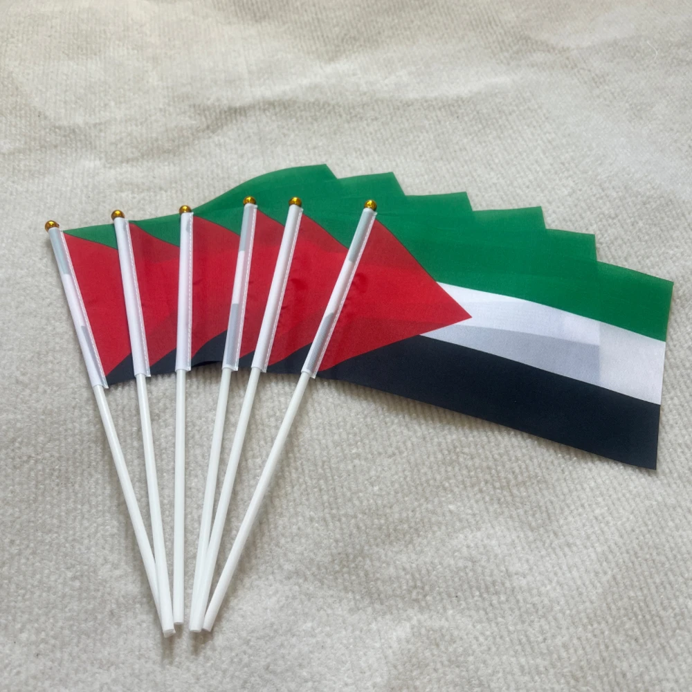 Bandera palestina pequeña ondeante a mano, 14x 21cm, pancarta palestina portátil, asta de bandera de plástico resistente a la decoloración de poliéster para eventos - imagen 2