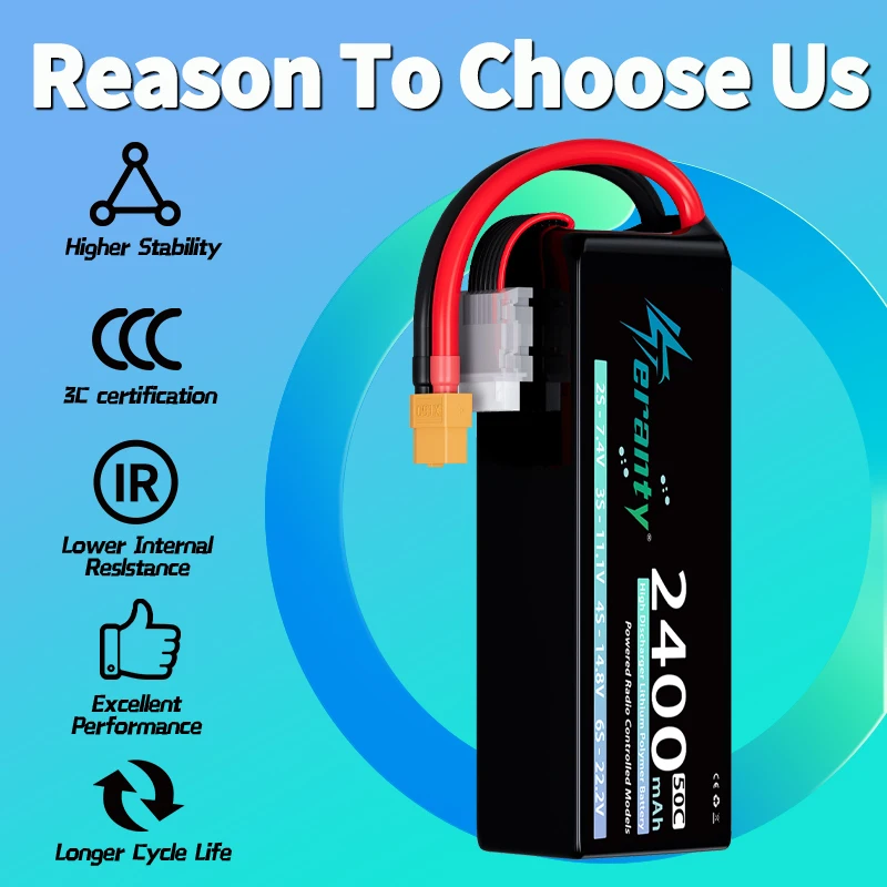 Teranty 6S 2400mAh Lipo Batería 22.2V 50C/100C con T XT60 Plug Softtcase para FPV Drone RC Helicóptero Avión RC Batería - imagen 5