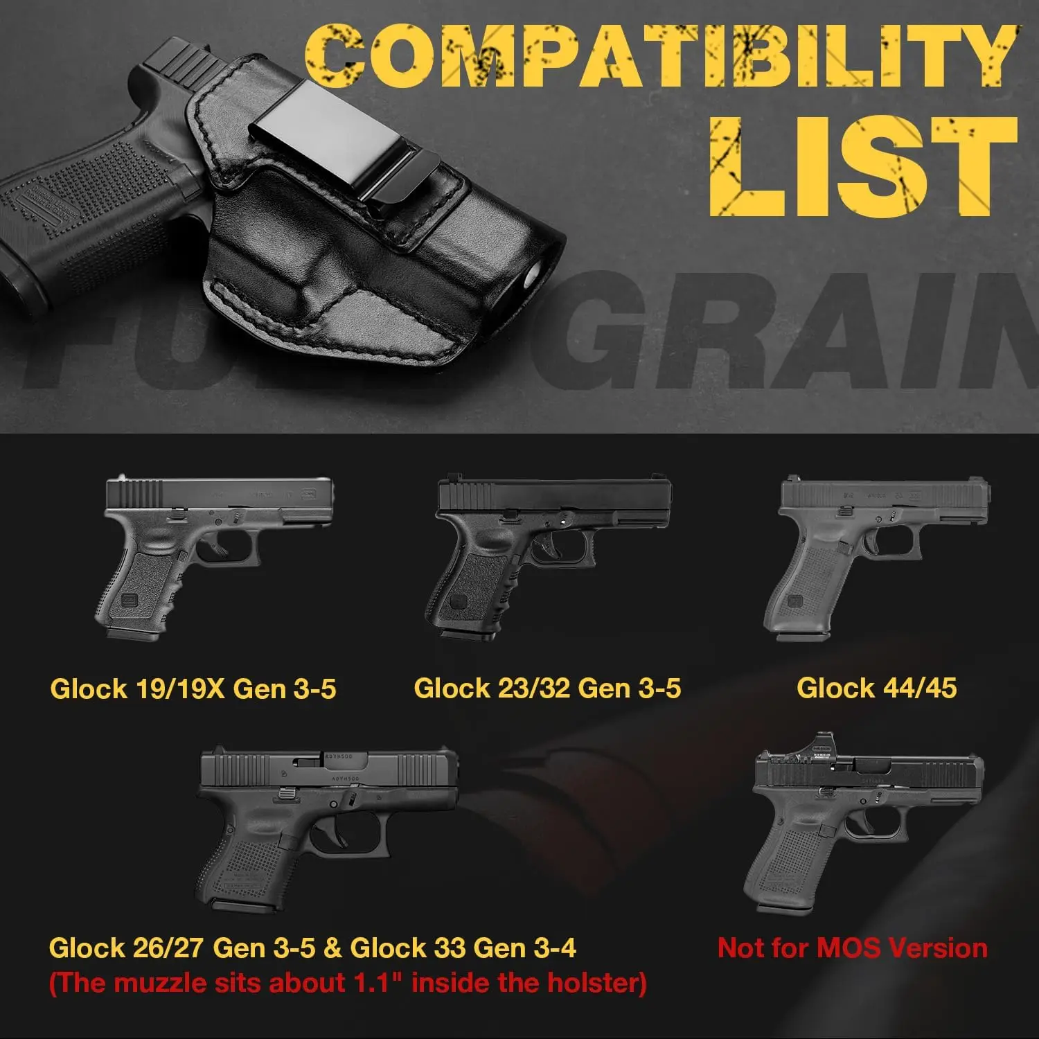 Sólo para Glock 19/19X/26/23/32(Gen3-5) y 27/33/44/45, funda de cuero IWB, funda interior para cinturón, uso para mano derecha - imagen 3