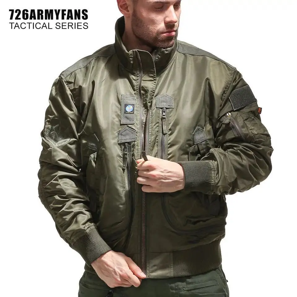 Chaqueta Bomber MA1 de alta calidad para hombre, abrigo liso con múltiples bolsillos y cuello levantado, chaquetas de béisbol, ropa para hombre, abrigos informales A5F726 - imagen 3