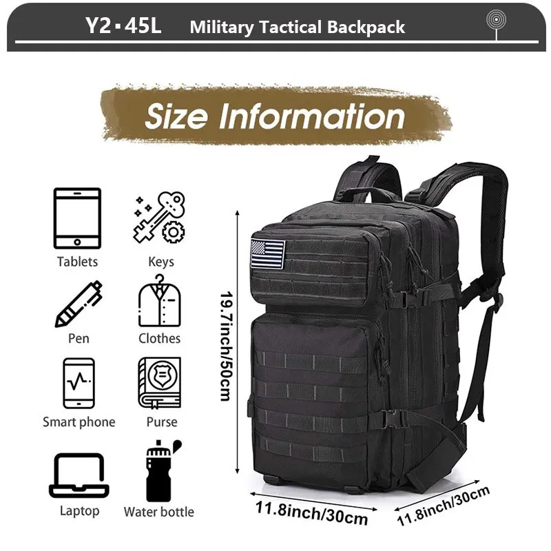 Mochila táctica, paquete de asalto de 3 días, bolsa Molle de 38/45L, grande, impermeable para exteriores, senderismo, Camping, viaje, mochila 600D, pesca para hombres - imagen 3