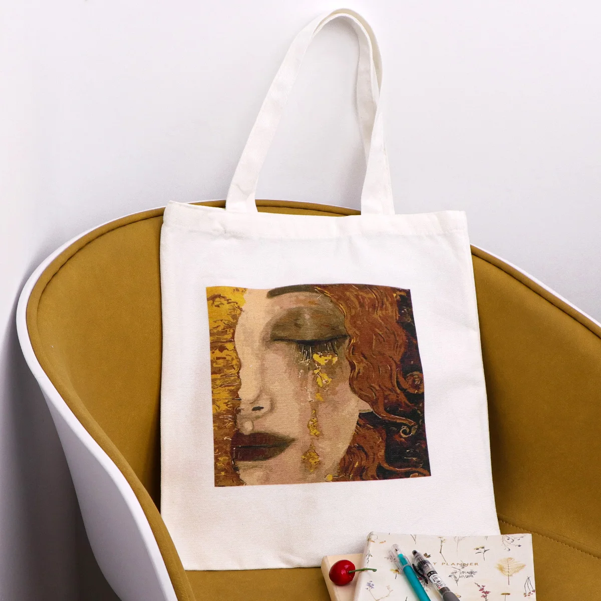 Bolso de lona con estampado artístico inspirado en Klimt, bolso de mano plegable, organizador de almacenamiento, bolso de compras para mujer, bolso de hombro escolar - imagen 3