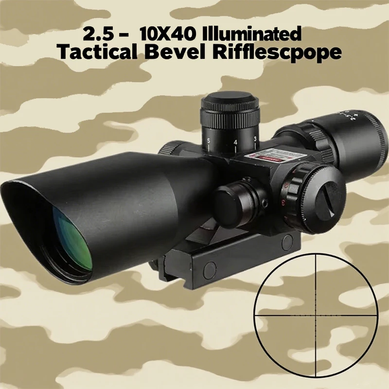 2025 2.5-10X40 mira telescópica biselada táctica iluminada con mira de caza láser cruzada Mil Dot verde rojo