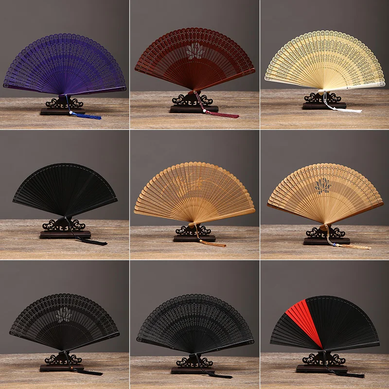Abanico japonés antiguo de bambú tallado mini – Rojo y negro para baile - imagen 2