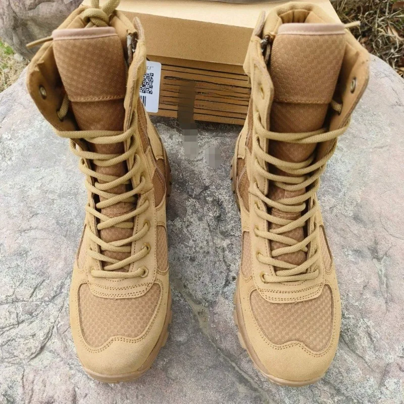 Novedad de verano, botas de combate de cuero marrón con cremallera de malla transpirable para escalada al aire libre, zapatillas de entrenamiento de seguridad ultraligeras - imagen 2