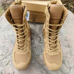 Botas tácticas de combate cuero marrón transpirable con cierre lateral