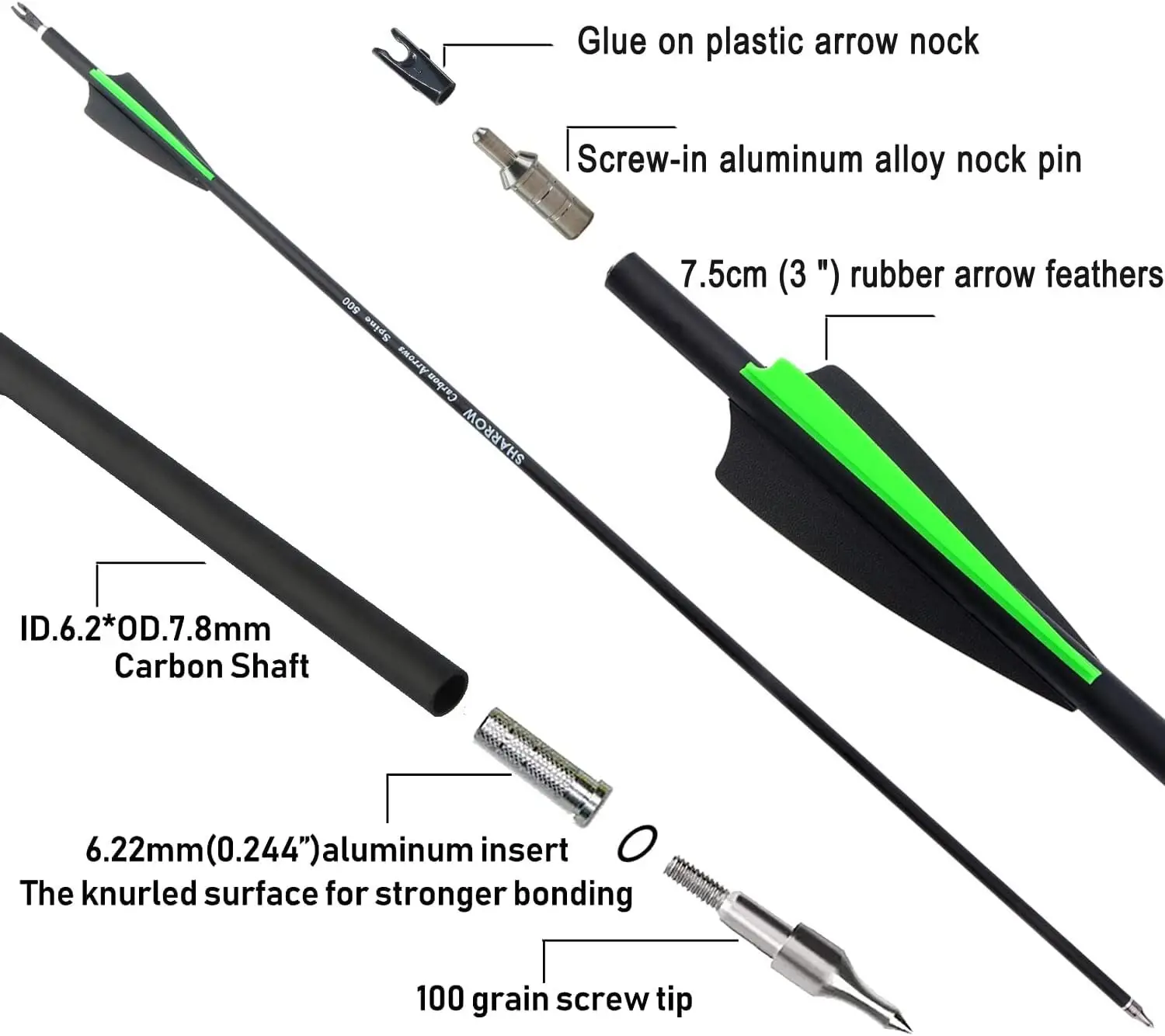 31,5 "tiro con arco flechas de carbono mezcladas columna vertebral 500 ID6.2mm OD7.8mm 100 punta de grano paleta de goma arco caza tiro objetivo 6/12/24 Uds - imagen 3
