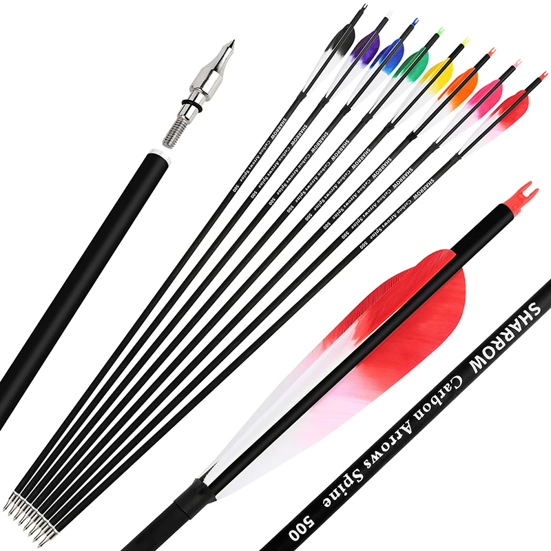 Flecha de carbono mixta para tiro con arco, 6/12 piezas, 28/30/31 pulgadas, 500 insertos, Nock, 5 ", pluma de pavo, recurvo compuesto - imagen 3