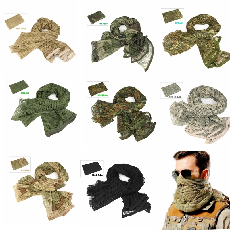 Bufanda táctica militar de malla de camuflaje para el cuello, pañuelo de red para la cara de francotirador, velo Shemagh, envoltura para la cabeza para caza y Camping