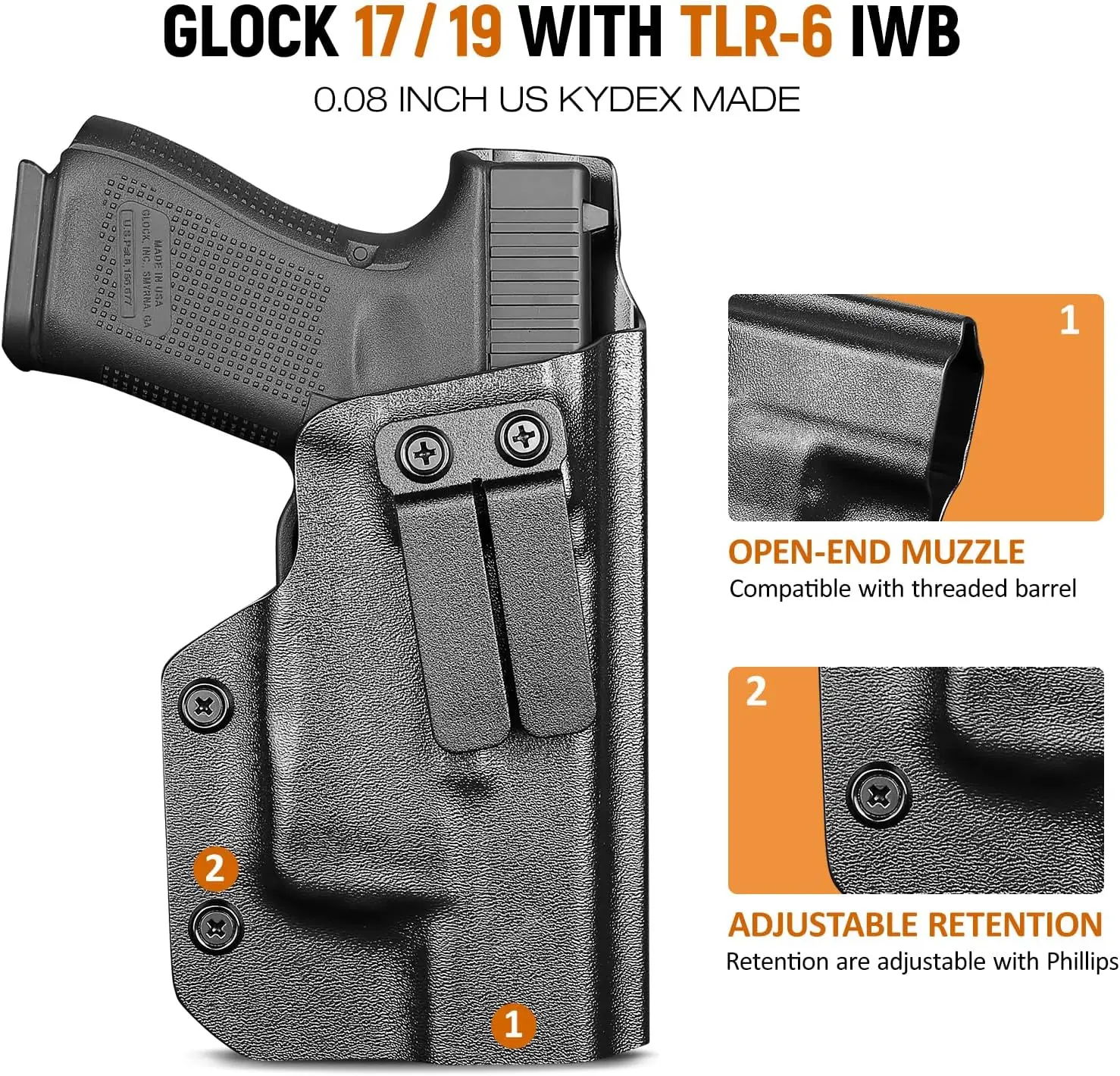 Compatible con Glock 17/19 Gen 3-5, 23/32 Gen 3-4 y 19X/ 44/45 con TLR6, funda Kydex IWB, cinturilla interior, transporte oculto, mano derecha - imagen 4