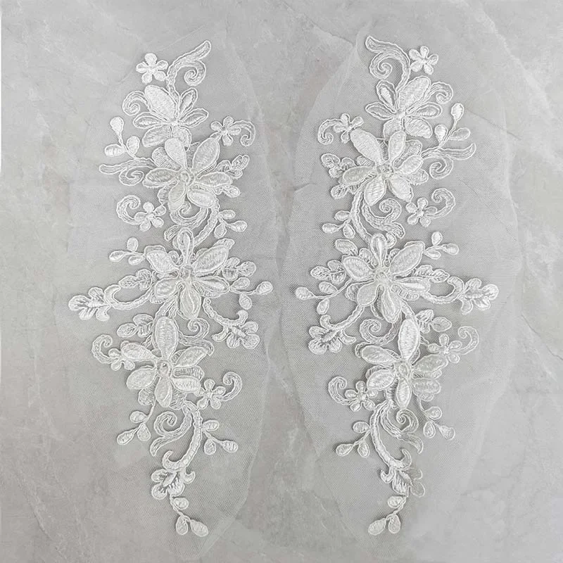 Parches de costura bordados para vestido de novia, apliques de encaje blanco, flor 3d, accesorios de decoración, 33x14CM/1 par - imagen 4