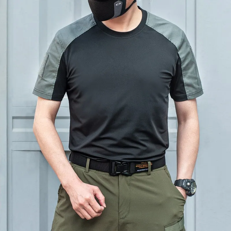 Camiseta táctica de cuello redondo para hombre, camisa de manga corta de secado rápido para exteriores, Color camuflaje, empalme de colisión, secado rápido - imagen 4
