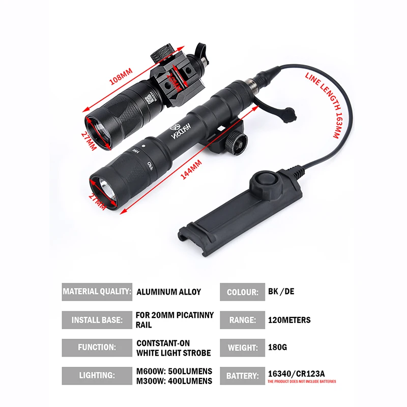 Luz táctica de Metal M600W M300W, Arma de luz estroboscópica, linterna LED, luz blanca, Rifle de caza, linterna de 20mm, riel Picatinny - imagen 2